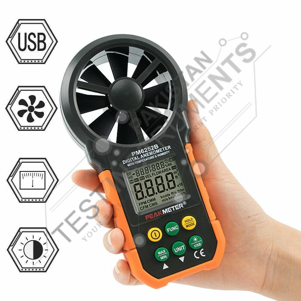 PEAKMETER PM6252B Digitales Anemometer – Windgeschwindigkeit, Luftvolumen, Temperatur, Feuchte Mit LCD-Hintergrundbeleuchtung